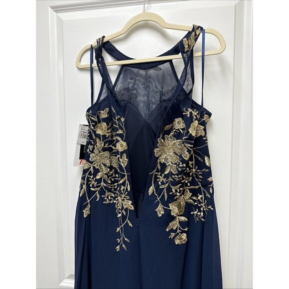 Betsy & Adam Size 14 Petite Navy Embellished Chiffon Gown Gold Floral Maxi Dress - Picture 9 of 12